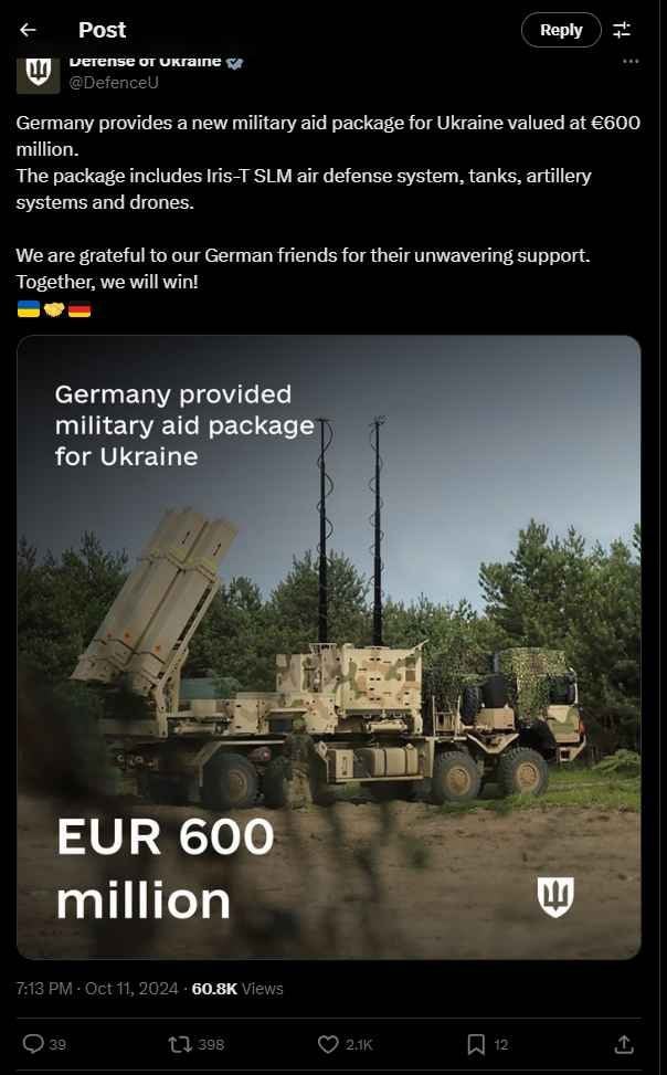 ドイツはウクライナに6億ユーロ相当の新たな軍事援助パッケージを提供する。