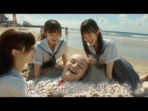 【AI動画】ハゲた先生を砂浜に埋めたよ