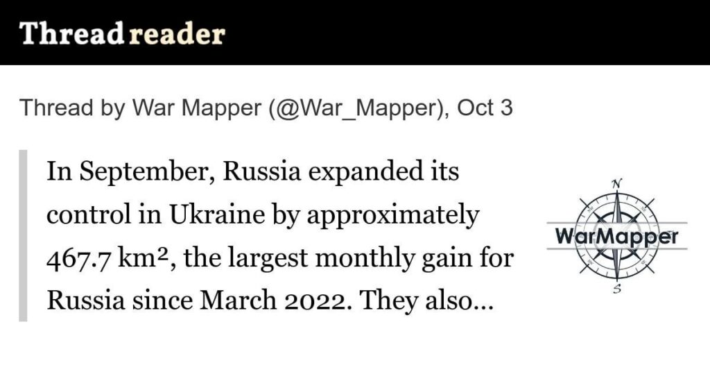 9月、ロシアはウクライナの支配権を約467.7平方キロメートル拡大し、これはロシアにとって2022年3月以来最大の月間獲得量となった。また、先月ウクライナが占領したクルスク州の領土約125.9平方キロメートルの支配権も取り戻し、ロシアの純利益は合計となる。 593.6km。