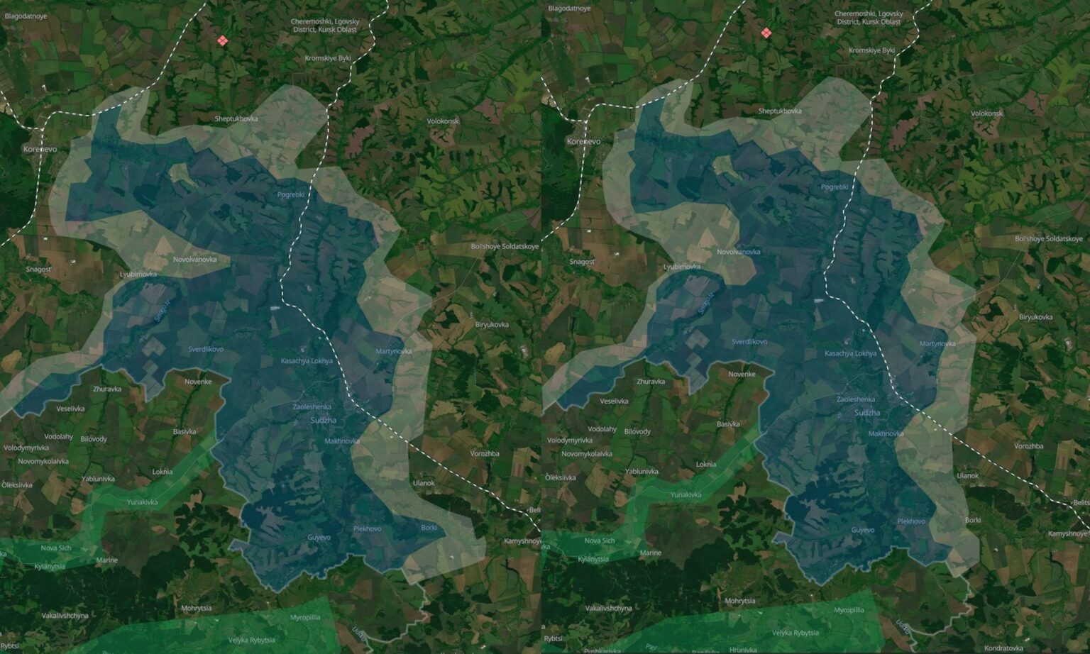 ヴーレダルの北とクピアンスク戦線へのロシア軍の進軍を示す更新地図。ロシア軍はオスキル川から2km以内にある。クルスクではロシアがボルキーを奪還し、ノヴォイワニフカ周辺では激しい戦闘が続いている。ウクライナはポクロフスク南東部の鉄道沿いでロシア軍を押し返した。
