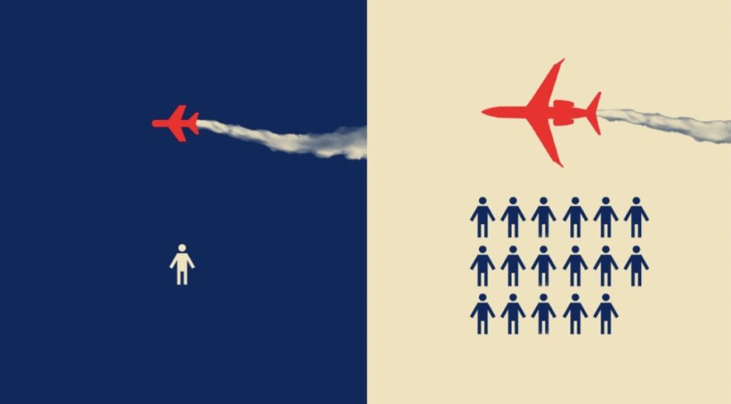 気候危機の真っただ中、デンマークのトペライト社の専用機が飛び交い、定期便での旅行の17倍の無駄が発生