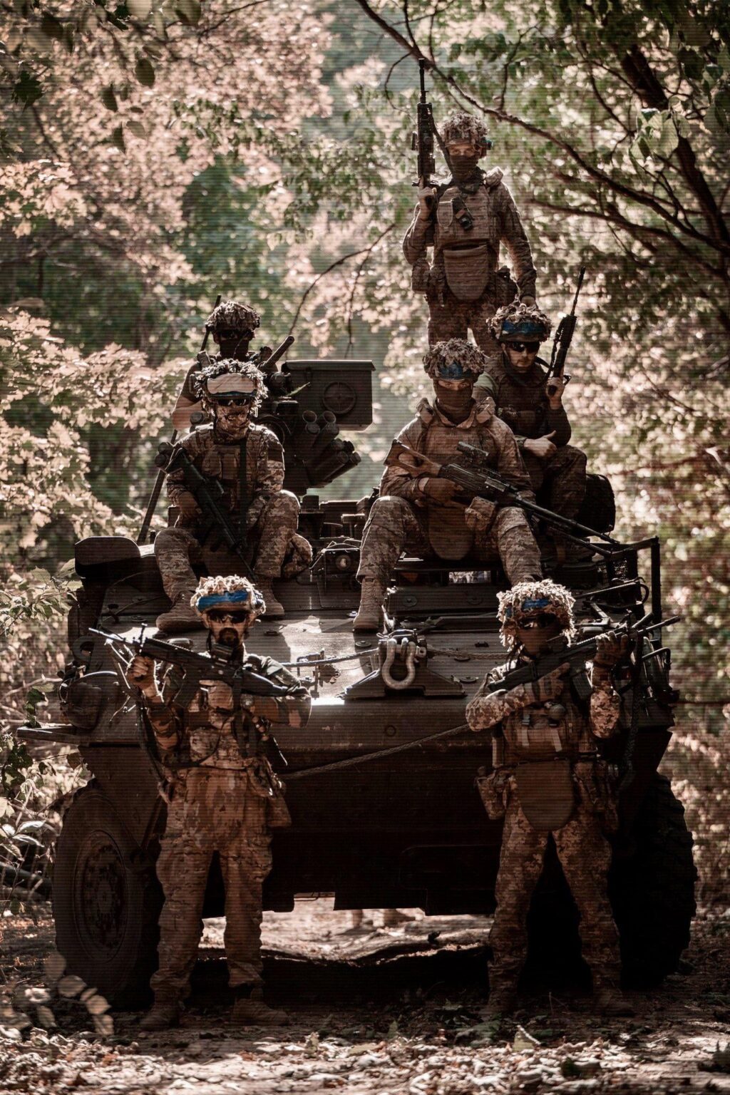 ウクライナ航空強襲軍の第82航空強襲旅団の兵士と、米国が供給したM1126ストライカーICV装甲戦闘車両(AFV)。