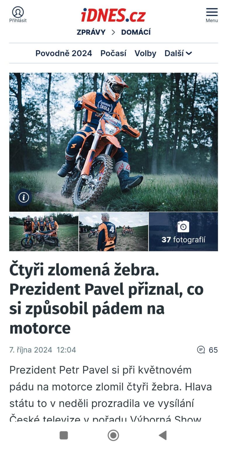 ペトル・パーベル大統領は5月にバイク事故で自分に起きたことを認めた。