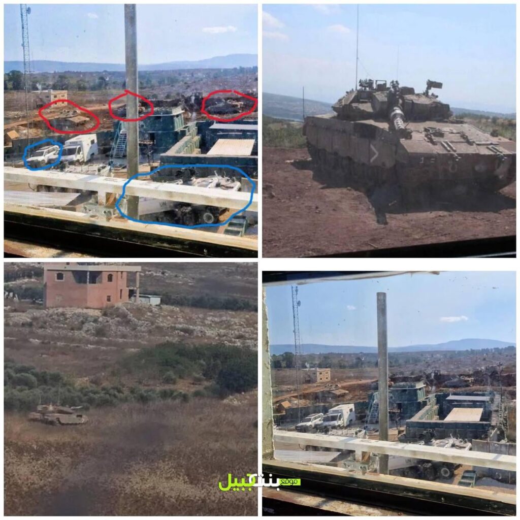 人間の盾として使用するためにアイルランドの基地の隣に陣取るイスラエルの戦車の写真