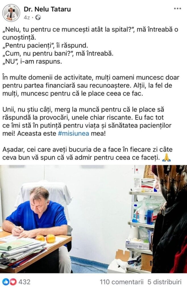 ネル・タタルさん、フェイスブックで4日前: 「ネルさん、なぜ病院でそんなに働くのですか？と知人が私に尋ねます。 「患者のため、私が答えます」／100件の贈収賄容疑、投稿削除
