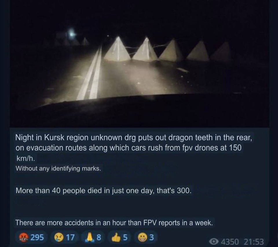 ウクライナの偵察部隊は、ドローンによる攻撃や最終的にドラゴンの歯に衝突することを避けるために車が猛スピードで走行するロシアの死傷者避難ルートにバリケードを設置する