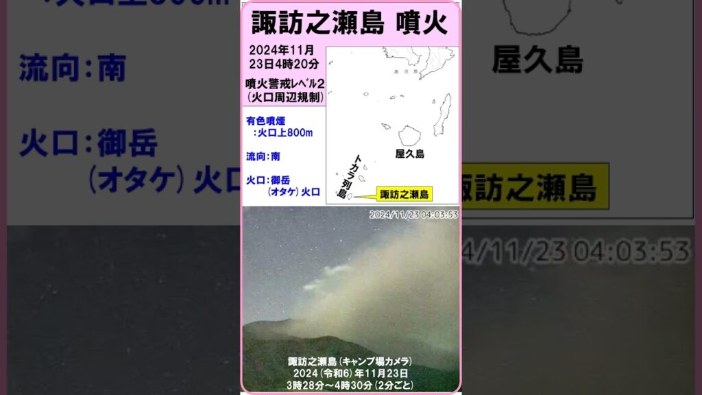 【速報　『諏訪之瀬島　噴火！』　有色噴煙：火口上800m】　2024（令和6）年11月23日4時20分　#shorts #噴火 #諏訪之瀬島