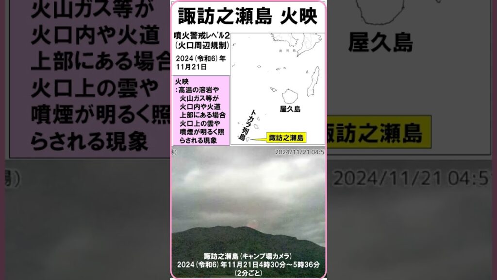 【『諏訪之瀬島の火映』　「火映：高温の溶岩や火山ガスが、火口内や火道上部にある場合、雲や噴煙が明るく照らされる現象」】　2024年11月21日　#shorts #諏訪之瀬島 #火映 #噴火警戒レベル2