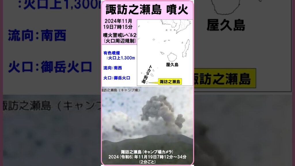 【速報　『諏訪之瀬島　噴火！』　有色噴煙：火口上1,300m】　2024（令和6）年11月19日7時15分　#shorts #噴火 #諏訪之瀬島