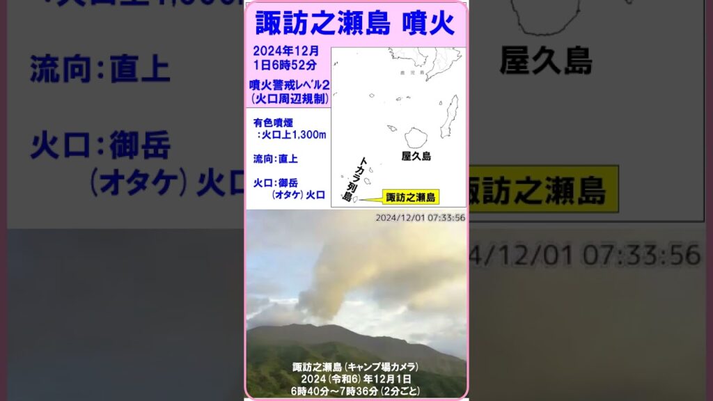 【速報　『諏訪之瀬島　噴火！』　有色噴煙：火口上1,300m】　2024（令和6）年12月1日6時52分　#shorts #噴火 #諏訪之瀬島 #噴火警戒レベル2