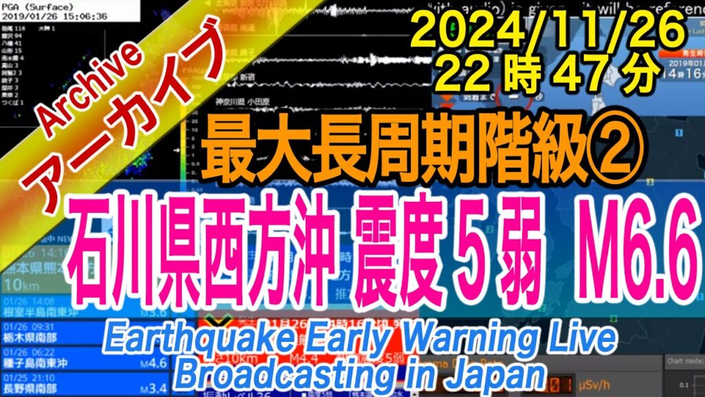 石川県西方沖　最大震度５弱 M6.6　最大長周期階級【２】2024/11/26（22：47）　世界で初めて、当社開発の地震予測システム（試験運用）で8日以内に的中 !