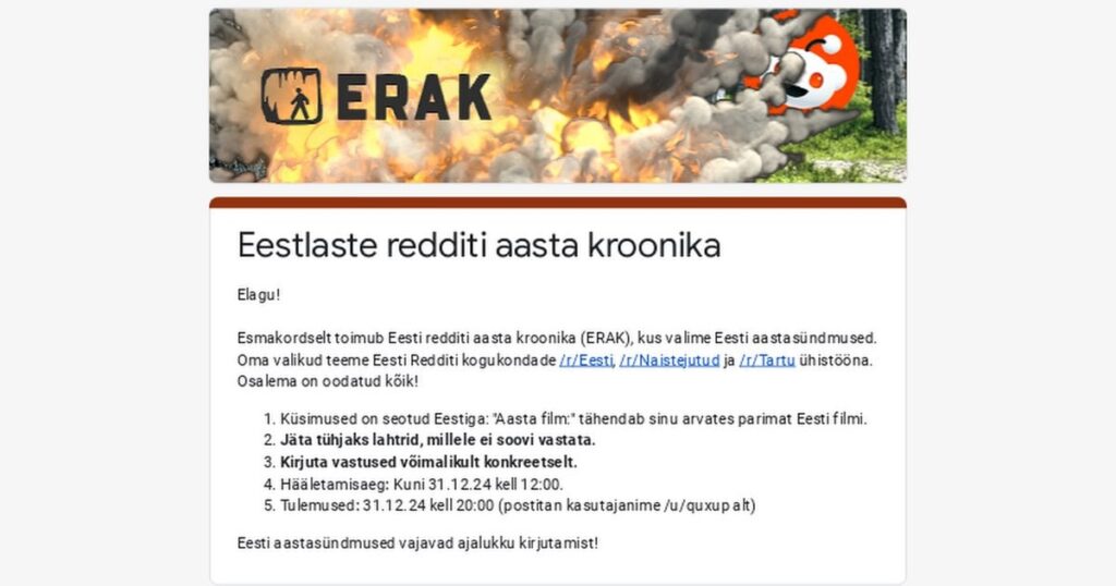 エストニアのレディット・クロニクル・オブ・ザ・イヤー（ERAK）、つまりエストニアのレディットの年次イベントの選考に参加するまで、まだ数日残っています。解答は12月31日～20:00に公開します。