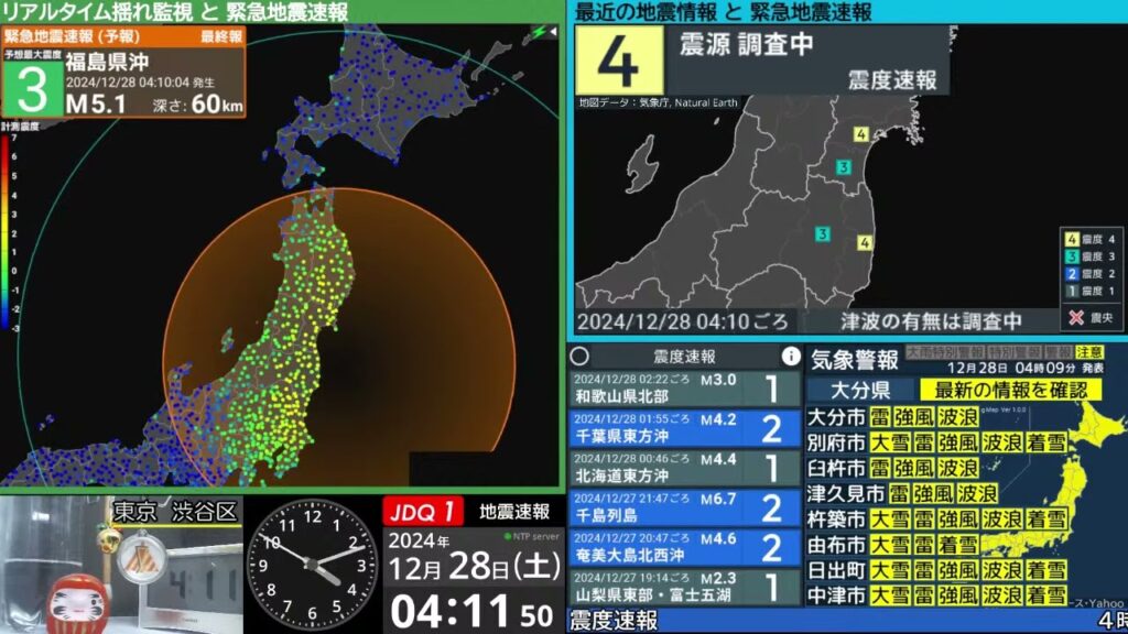【地震】福島県沖　震度４　M5.1（2024/12/28 4:10ごろ　切り抜きアーカイブ）