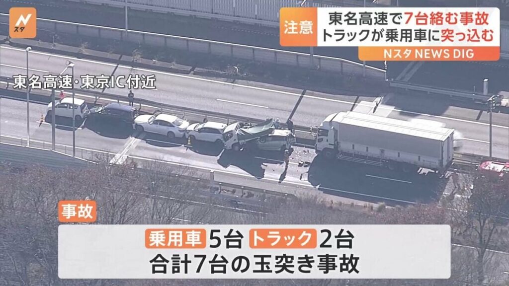 東名高速で乗用車5台とトラック2台のあわせて7台が絡む事故 けがした7人はいずれも軽傷