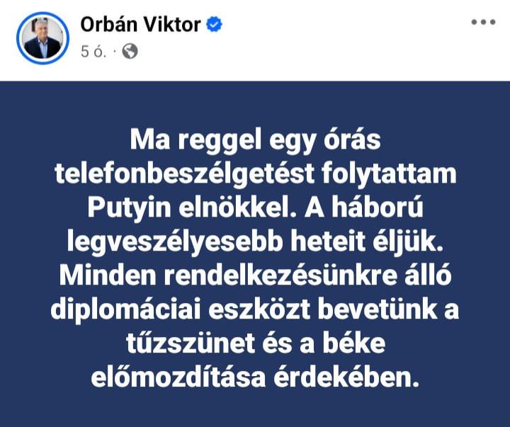 プーチン大統領はオルバン大統領に電話で、ウクライナ戦争の平和的解決は問題外だと語った。平和の鳩のもう一つの国際的な成功。