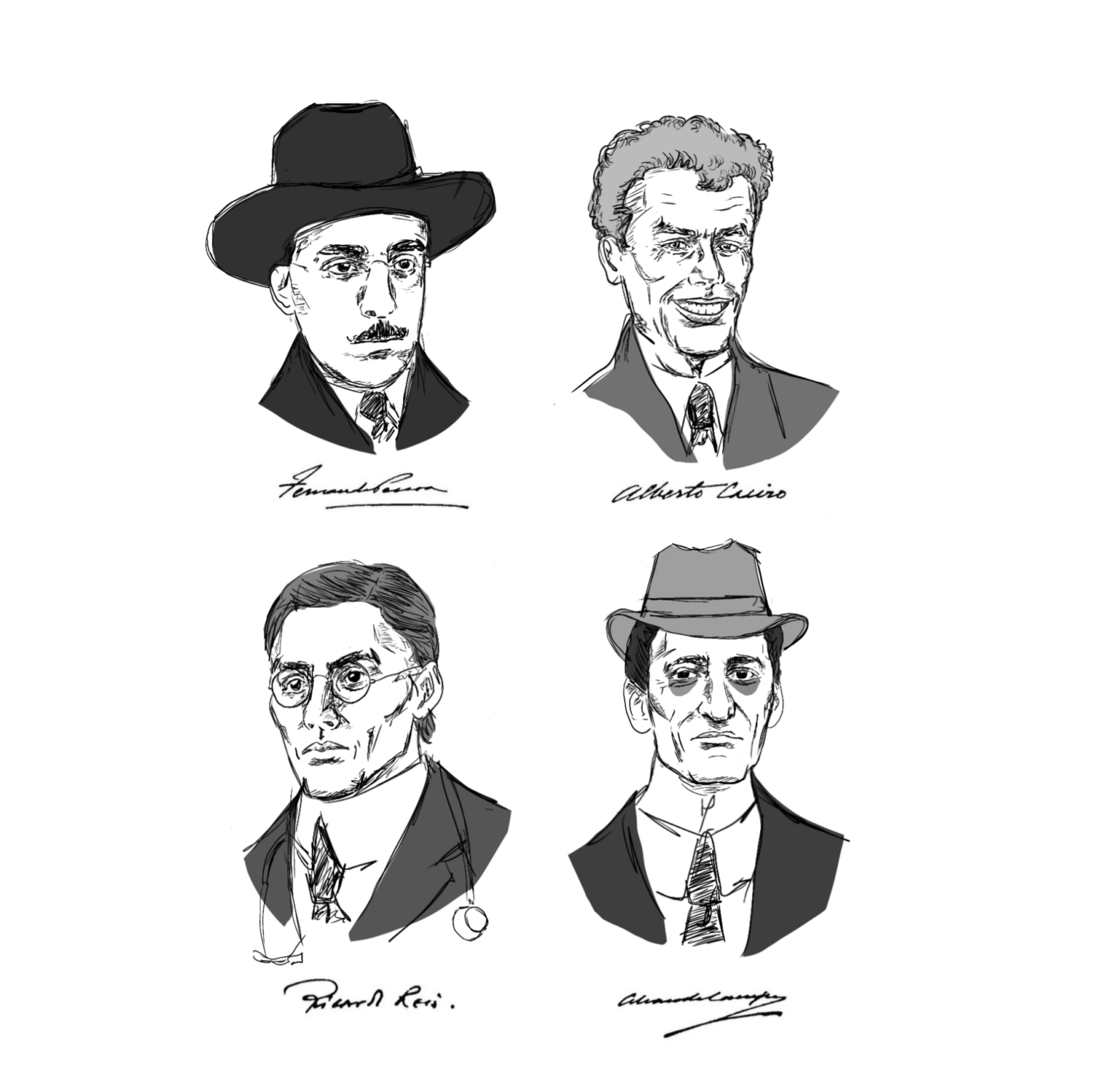 ここでジェ・デ・フェルナンド・ペソアと彼の異称によって描かれた図面（アルマダ・ネグレイロスの壁画に基づく）