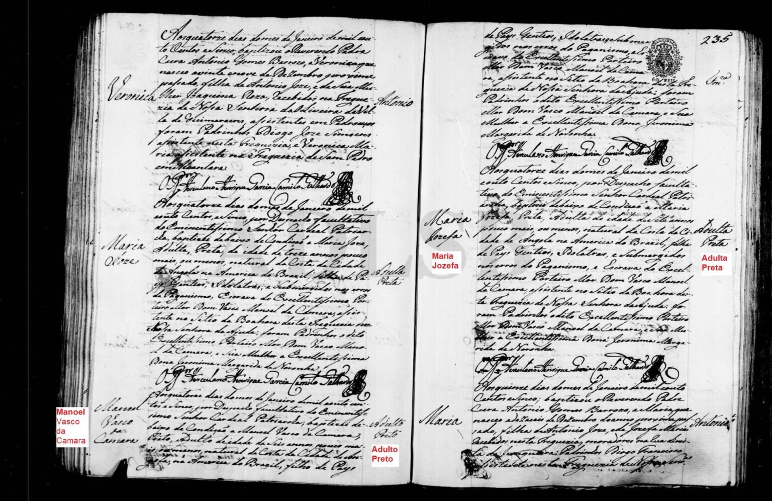 200年前のポルトガル - D. バスコ・マノエル・ダ・カマラによる2人の「成人」奴隷の洗礼