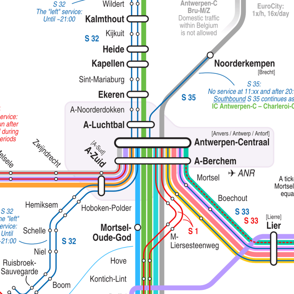 ベネルクス三国国内および国境を越える鉄道ネットワーク 2025 年を 8 つのマップで表示 (ここでは 2 つの小さな断片を表示) [engelstalig / anglophone / Englisch]