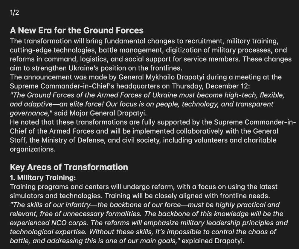ウクライナ地上軍の新司令官ミハイロ・ドラパティは、高度な訓練、透明性のある採用、軍人支援、技術的優位性、合理化された指揮を優先する大規模な変革を発表した。