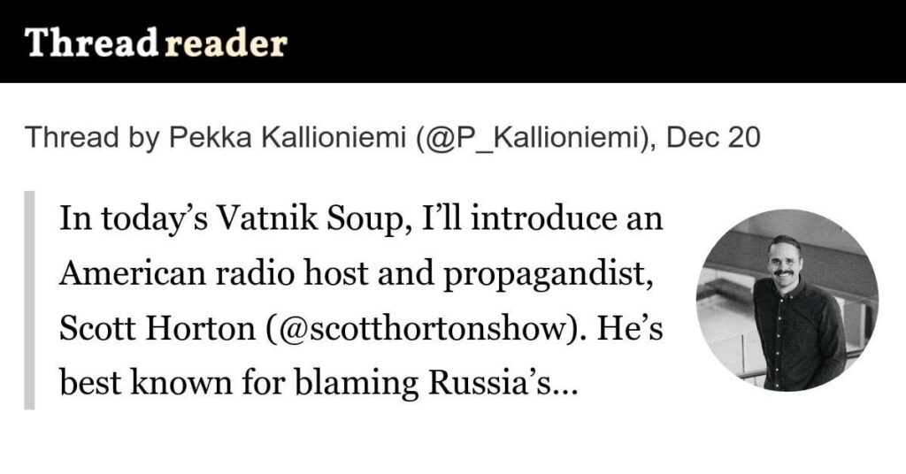 VATNIKSOUP は反戦のスコット・ホートンについて語る。これは、多くの人が平和を支持しているふりをしながら、ロシア帝国主義を支持していることを示す明らかな例だ。