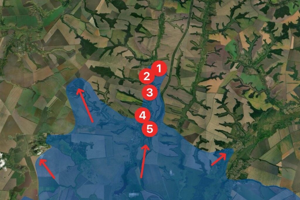 ウクライナ戦争地図には、ドンバス州クルスクでキエフ軍が占領した6つの集落が示されている