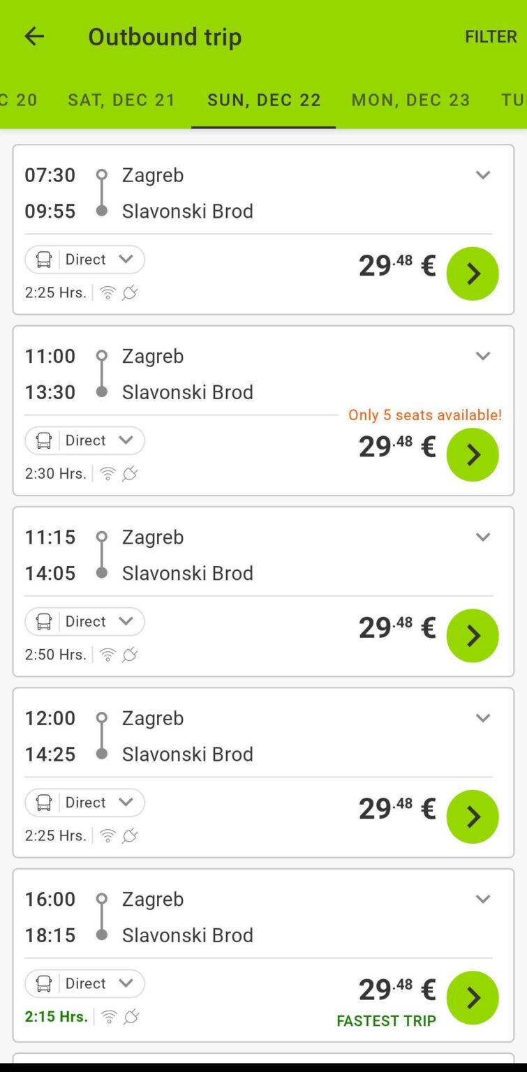 ZG-SB 路線の FlixBus のクリスマス価格。金曜日の夕方に撮影したもので、その後価格が上がったかどうかはわかりません。それ以外の場合は 12 ～ 15 ユーロです。