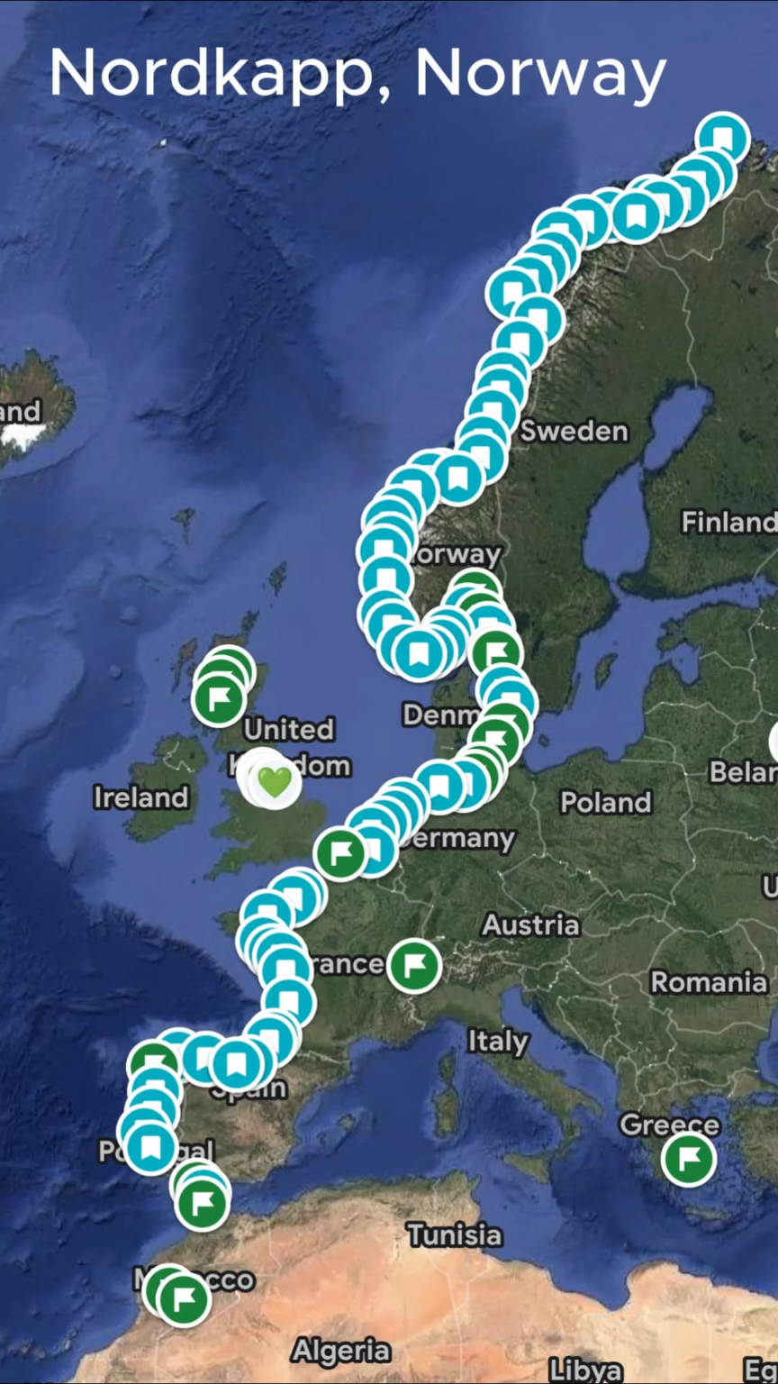 ノルウェーのノールカップからスペインのアルヘシラスまでサイクリング