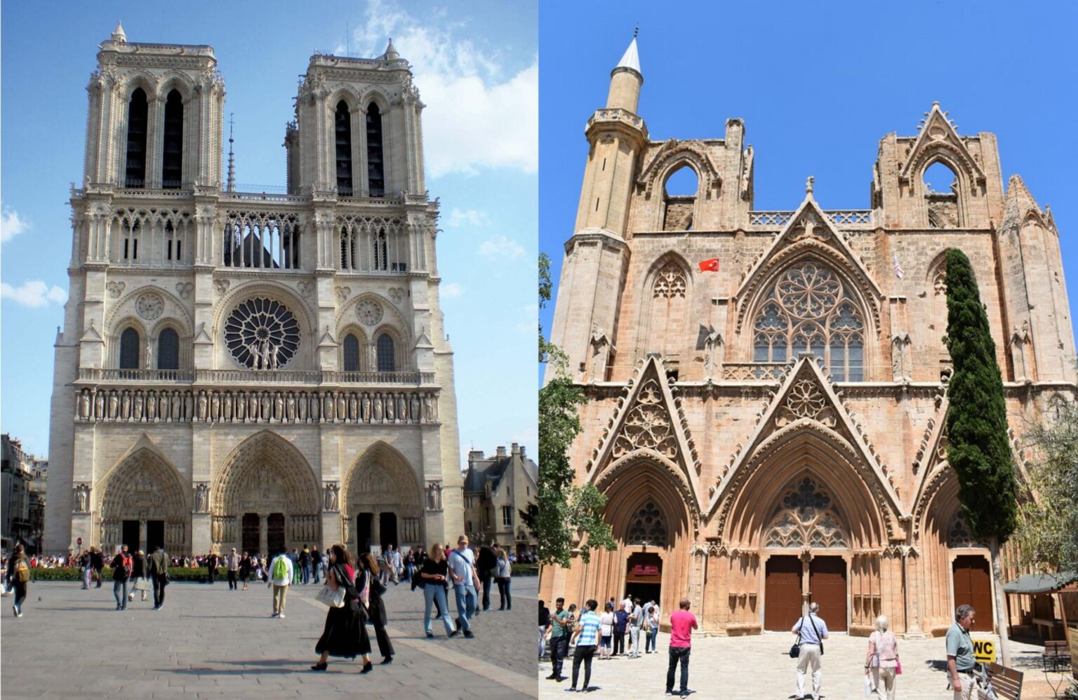パリのノートルダム大聖堂 (1345 年完成) と聖ニコラス大聖堂 (1328 年頃)、現在はファマグスタのララ ムスタファ パシャ モスク