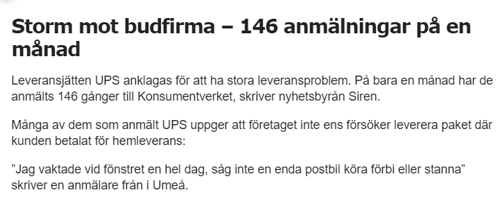 UPS のお粗末な対応に関する大量通知が Aftonbladet によって注目されました