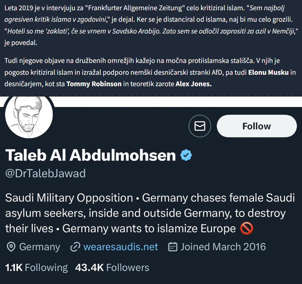 サウジアラビアのテロリストは極右の反イスラム的無神論者で、AfDとイーロン・マスクの支持者だった。