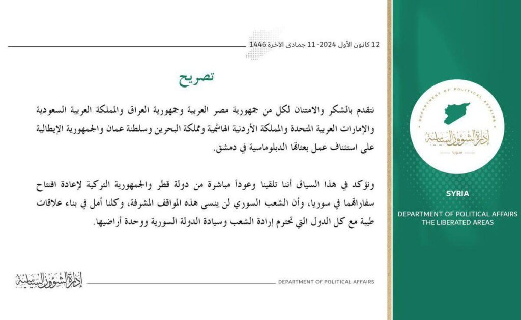 シリア移行政府は、ダマスカスの大使館を開設し続けてくれたイタリアに明示的に感謝の意を表した。