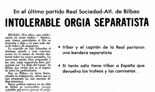 48年前の有名なサッカーの試合で、レアル・ソシエダとアスレティックというそれぞれのバスク・サッカーチームの2人のキャプテンがバスク旗を持ってフィールドに出た。当時、バスク国旗は違法でした。