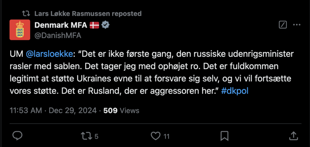 UM @larsloekke: 「ロシア外務大臣がサーベルを鳴らしたのは初めてではない。私はそれを素直に受け止めます。ウクライナの自国防衛能力を支持することは完全に正当であり、我々は引き続き支持を続ける。ここでの侵略者はロシアだ。」 #dkpol
