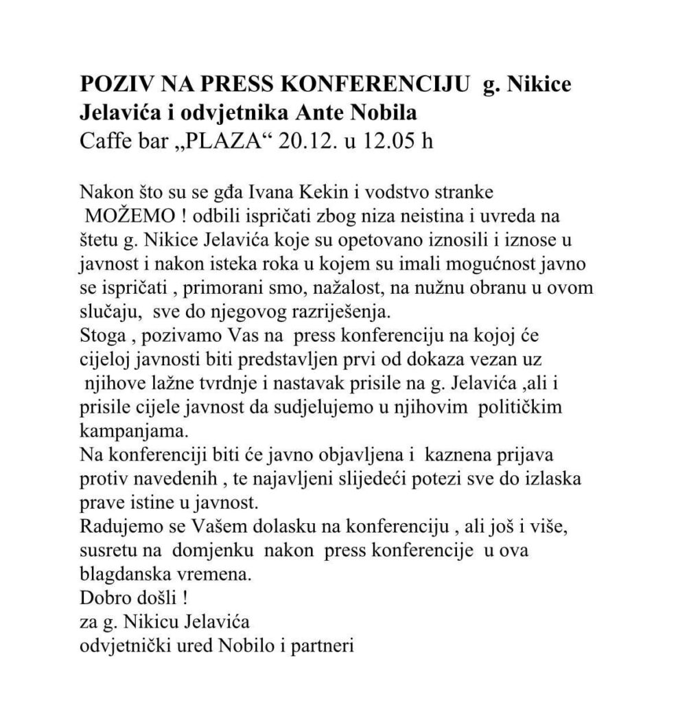ニキツァ・イェラビッチ氏と彼の弁護士アンテ・ノビロ氏の記者会見への招待