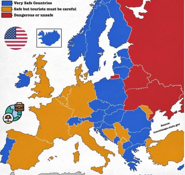 米国観光客向けの渡航勧告。最も安全な国が青で強調表示されています。