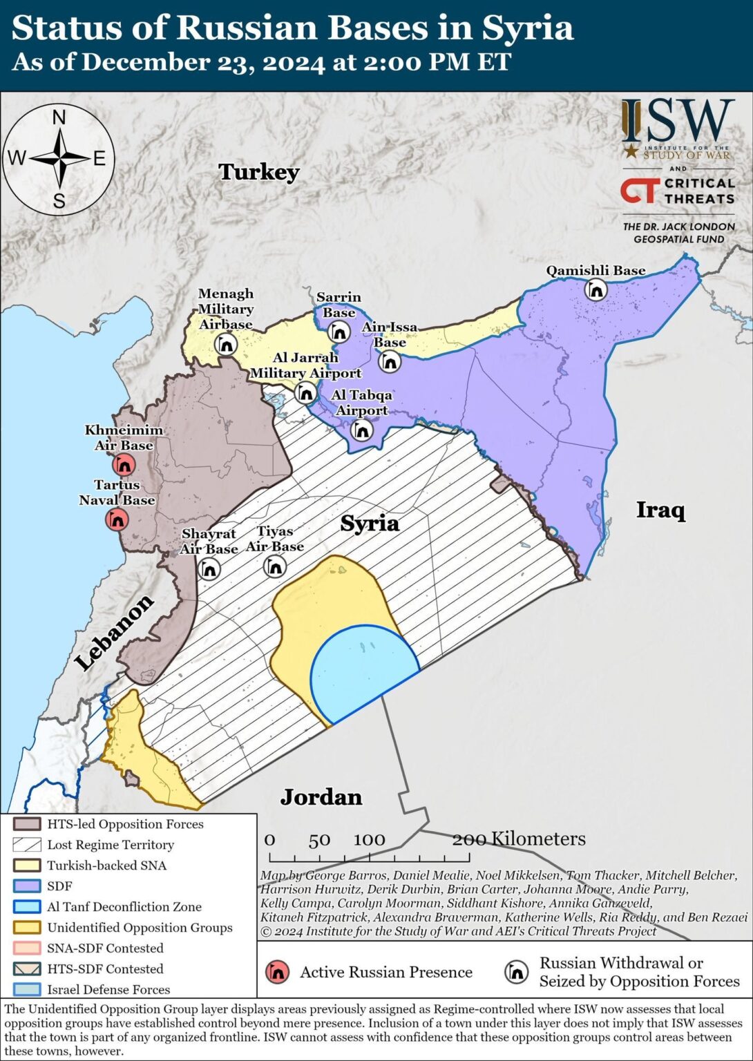 新規：ロシア軍は、シリア北部のカーミシュリ基地を含むシリア国内のほとんどの陣地から完全に撤退したと伝えられている。ロシアの唯一残っている陣地はシリア沿岸沿いのフメイミムとタルトゥスである。