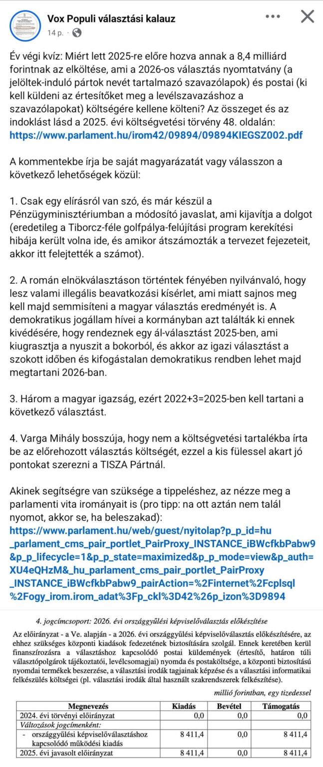 何らかの理由で、2025年の選挙のために80億フォリントが確保された
