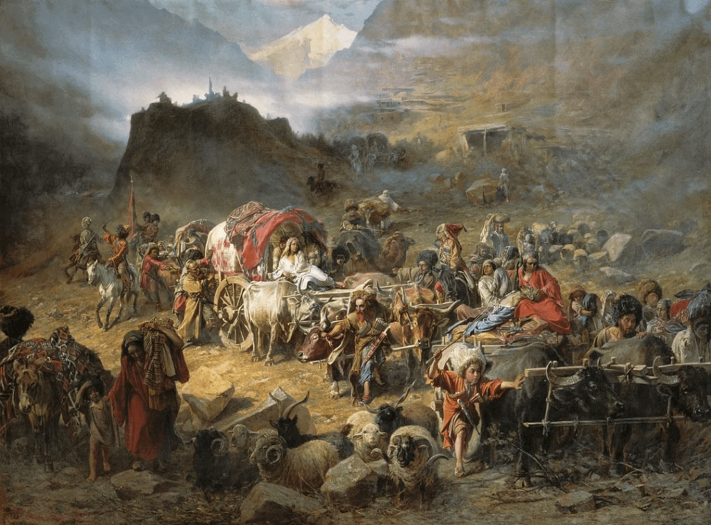 ロシアは1863年から1878年にかけてチェルケス虐殺を行った。 100万人から150万人以上のチェルケス人が殺害され、同数が避難した。この小さな白人国家は人口の97%を失った。妊婦や子供たちが強姦され、殺害され、この国はロシア指導者らから「人間以下の汚物」と呼ばれた。