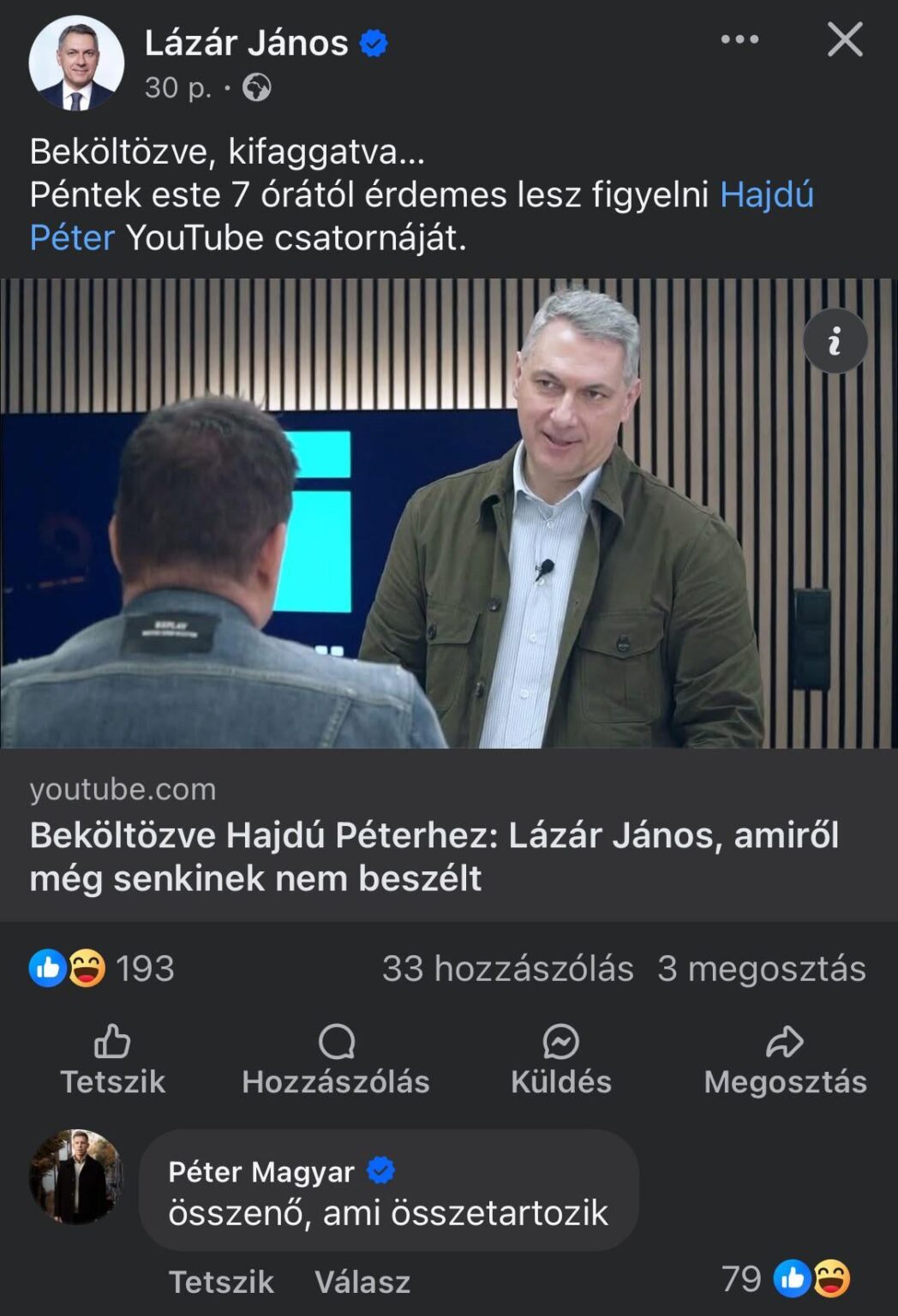 ペテル・ラザール・ハイドゥのプログラムと国会議員が発表についてコメント
