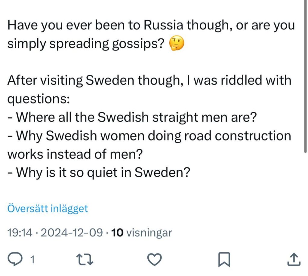 Xでロシア人とロシアについて議論したが、彼の答えはスウェーデンについてだった