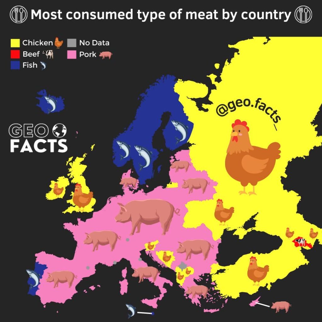 ヨーロッパの国別で最も消費されている肉の種類 (出典: WPR 2022)