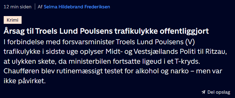 TV2によると、トラクトール・トロエルの交通事故は予定されている：Sobriety