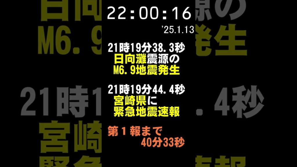【緊急地震速報】宮崎県のケース(2) ‘25.1.13夜 第1報 40’33” 【緊急地震速報】宮崎県のケース(2) '25.1.13夜 第1報 40'33"