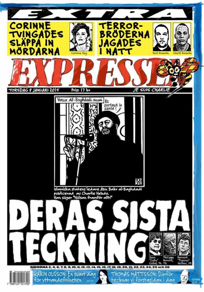 これは、シャルリー・エブド襲撃後の2015年8月1日のExpressenのトップページの様子です。