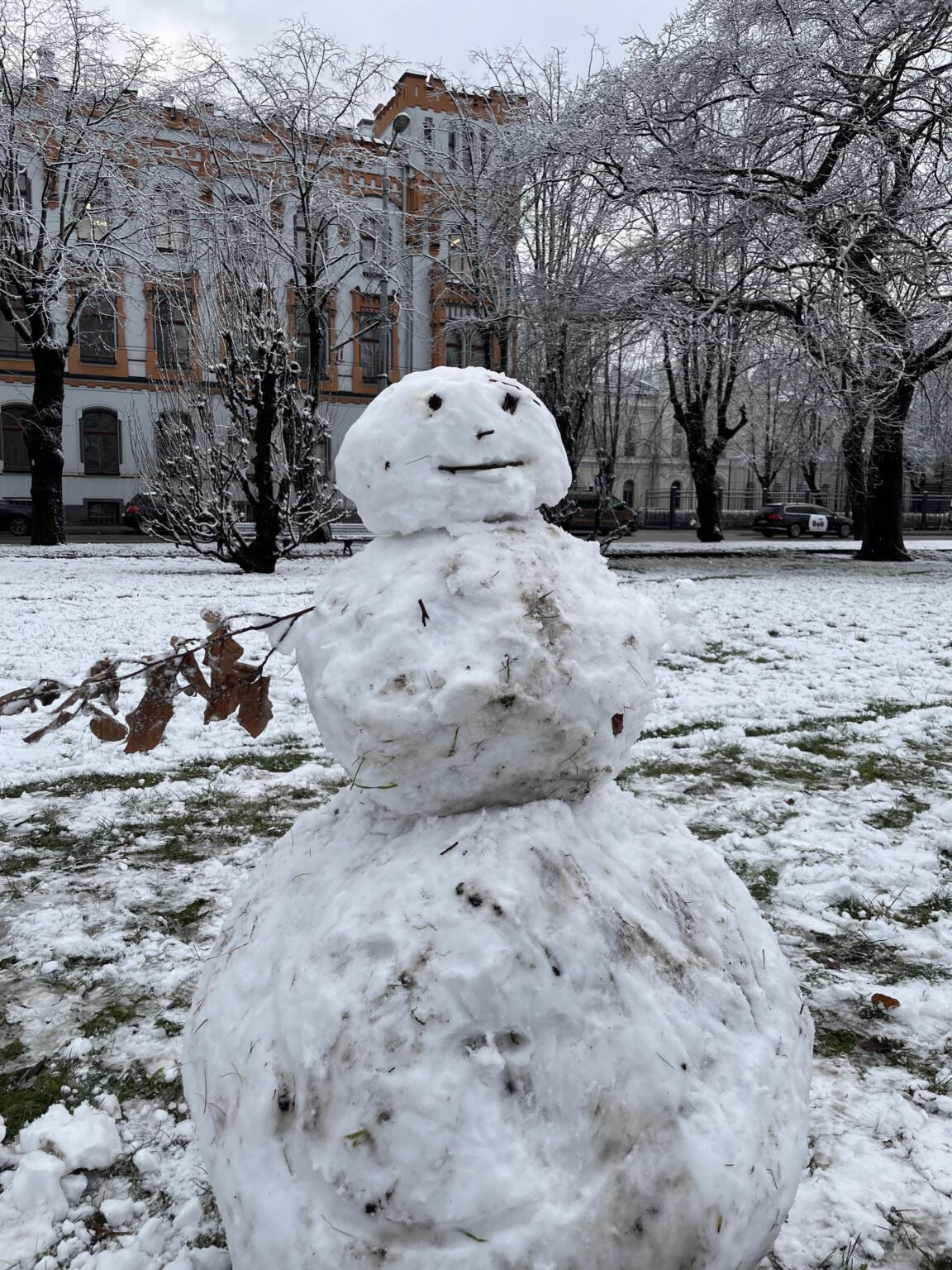 ガールフレンドと私は雪だるまを作りました、散歩している間彼の世話をしてください