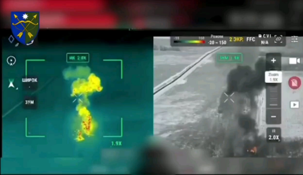ウクライナ陣地を襲撃するために派遣されたロシアのBMP2両が、遠隔地に設置された対戦車地雷によって爆破された。第23機械化旅団。ロズリブ/ヴーレダル方向。 2025年1月