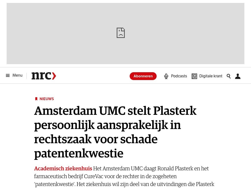 アムステルダムUMCは、ダメージ特許の問題に対する訴訟においてPlasterkの責任を個人的に保持しています