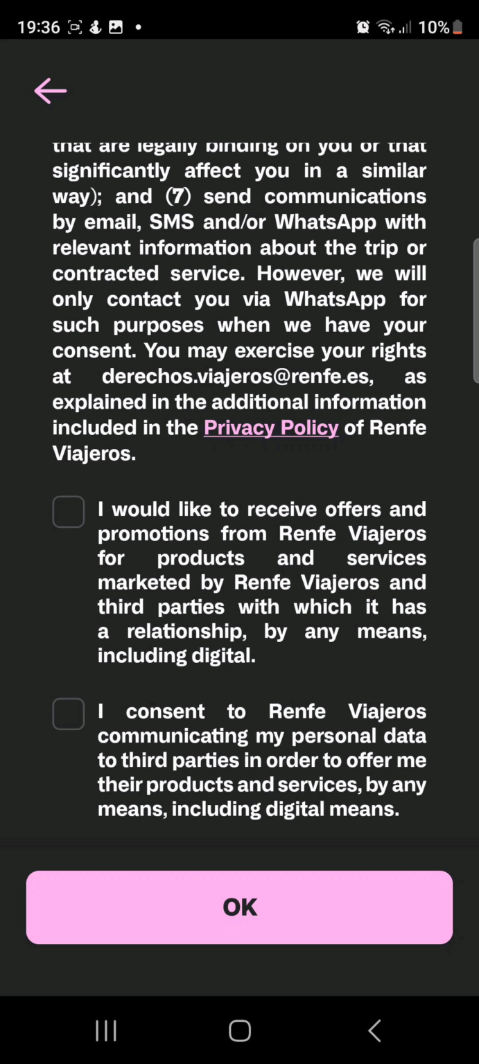 Renfe アプリが第三者にデータを販売することへの同意を強制する