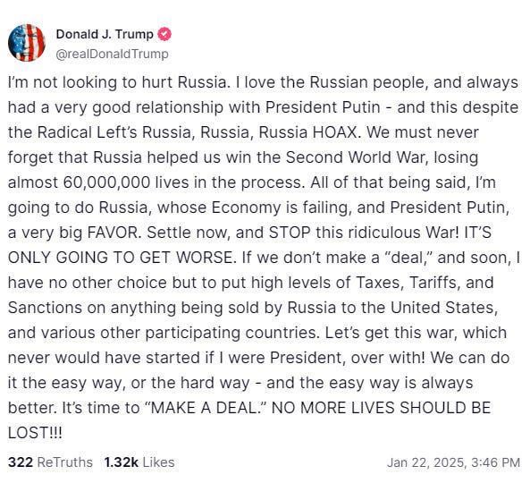 トランプ大統領、戦争終結計画についての投稿