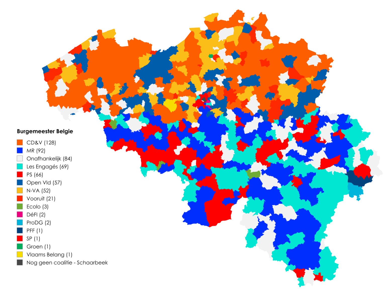 ベルギーの各自治体の市長はどの地域/全国政党ですか?